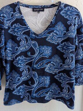 Jones New York V-Neck 3/4 Sleeve Blue Paisley Cotton T-Shirt